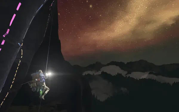 HD PC desktop wallpaper and background — a climber ascending a dark cliff toward a cairn silhouette, headlamp beam across a starry sky and mist-shrouded mountain ridges.