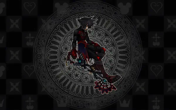 8K Ultra HD PC desktop wallpaper featuring Vanitas (Kingdom Hearts) posed before an ornate circular emblem on a dark, checker-patterned background.