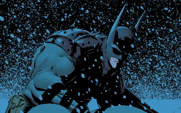 Absolute Batman artwork: muscular Batman crouched in a snowy night, blue-black textured background — DC Comics 4K Ultra HD PC desktop wallpaper.