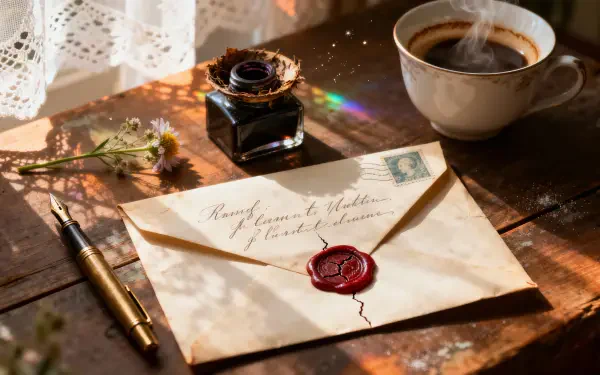 4K Ultra HD PC desktop wallpaper: vintage sealed letter with red wax seal, fountain pen and ink bottle on a sunlit wooden table, steaming coffee cup and lace curtain.