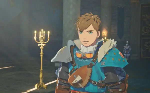 HD PC desktop wallpaper: young armored rider in blue fur-trimmed gear in a candlelit hall from Turn-Based Monster Hunter Stories 3: Twisted Reflection