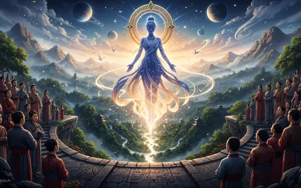 4K Ultra HD PC desktop wallpaper: luminous godlike figure levitating above a valley, haloed and radiant, surrounded by mountains, moons and bowing figures on temple terraces.