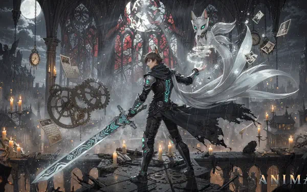 4K Ultra HD PC desktop wallpaper/background: armored swordsman with glowing blade and spectral fox in a candlelit gothic cathedral ruin, floating gears, playing cards and ravens.