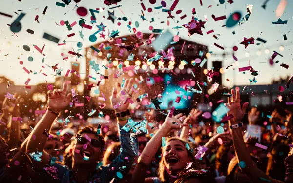 Vibrant 4K Ultra HD PC desktop wallpaper showing a cheering crowd at an outdoor concert with colorful confetti falling, hands raised, warm sunset lighting.