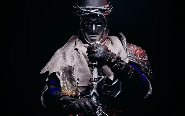 Blasphemous 2 horror game cosplay: dark armored figure in ornate helm and tattered cloak clutching a spiked sword — 5K Ultra HD PC desktop wallpaper and background.