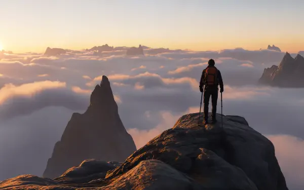 Silhouette of a lone hiker on a rocky peak above cloud-filled valleys at sunrise — 4K Ultra HD PC desktop wallpaper and background.