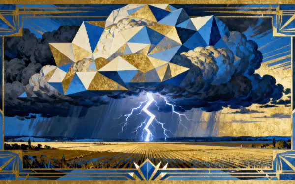 4K Ultra HD PC desktop wallpaper and background: Art Deco–framed gold-and-blue geometric storm cloud with lightning striking over a golden wheat field.