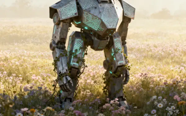4K Ultra HD PC desktop wallpaper and background: moss-covered bipedal robot with glowing teal circuit patterns standing in a sunlit wildflower meadow.