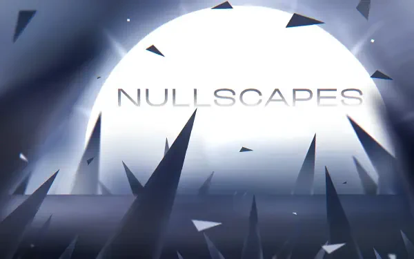 4K Ultra HD PC desktop wallpaper: Geometry Dash video game scene with 'NULLSCAPES' over a glowing moon, jagged dark shards and a misty blue-gray background.