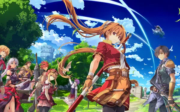 HD PC desktop wallpaper: vivid gaming art from the video game Trails in the Sky 1st Chapter showing Estelle and companions on a sunny grassy road beneath a bright blue sky.