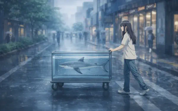 4K Ultra HD PC desktop wallpaper/background: a girl pushes a wheeled glass tank carrying a 大白鲨 (great white shark) down a rainy, neon-lit city street, reflections on the wet pavement.