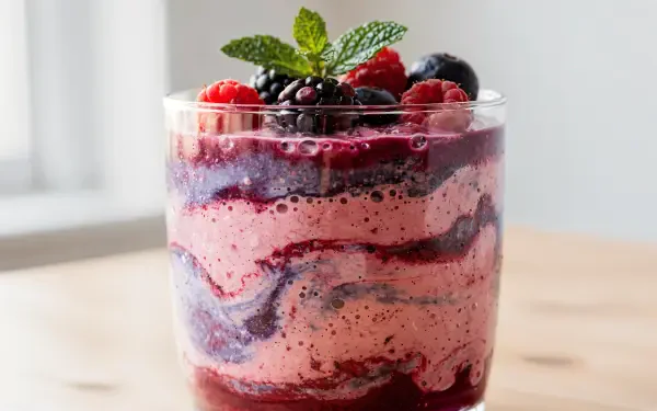 Close-up 4K Ultra HD desktop wallpaper of a layered berry smoothie in a glass, swirls of pink and purple topped with raspberries, blackberries and mint on a soft neutral background.