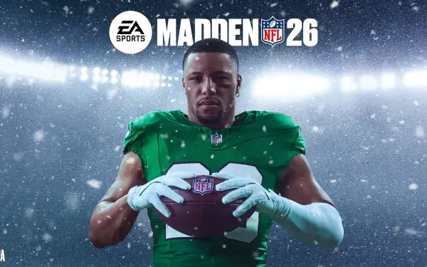 4K Ultra HD PC desktop wallpaper: Madden NFL 26 sports game cover showing a football player in a green jersey holding the ball under bright stadium lights and falling snow.