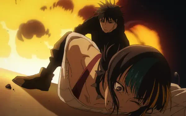 HD PC wallpaper from Jujutsu Kaisen 3rd Season: Megumi Fushiguro looms over injured Kirara Hoshi with a fiery orange explosion illuminating the background.