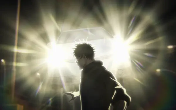HD PC desktop wallpaper: Megumi Fushiguro (Jujutsu Kaisen 3rd Season) in silhouette, backlit by blinding lights as he stands framed in a doorway.