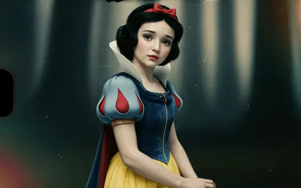 Snow White 4K Ultra HD PC desktop wallpaper: solemn portrait in classic blue, yellow and red dress, red bow in short black hair, pale skin against a soft dark forest bokeh background.