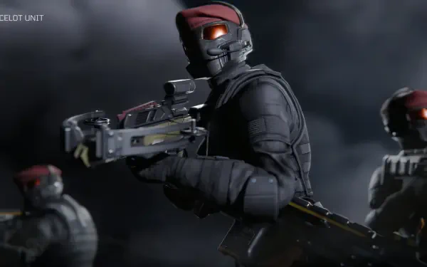 TPS Helldivers 2 HD PC desktop wallpaper: armored Helldiver soldiers with red berets and glowing visors brandish futuristic rifles against a smoky battlefield background.