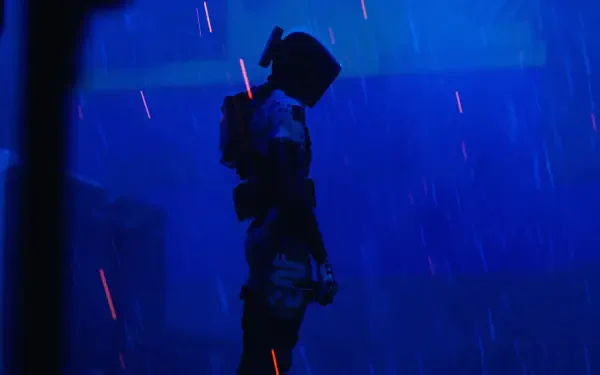 Solitary armored figure silhouetted in blue rain with red sparks — Marathon (video game) 4K Ultra HD PC desktop wallpaper.