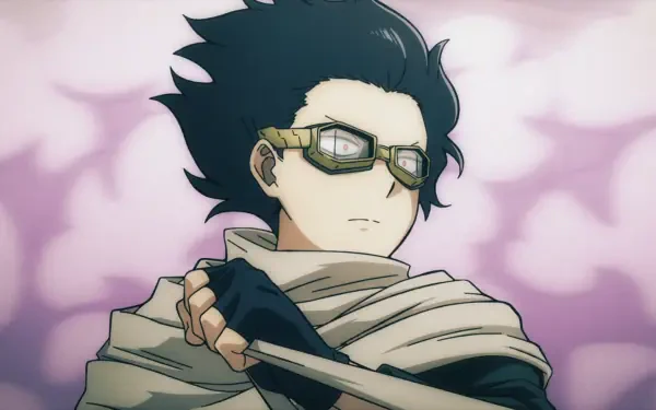 Anime HD PC wallpaper of Eraserhead (Shota Aizawa) from My Hero Academia / My Hero Academia: Vigilantes, scarf wrapped and goggles on against a soft purple bokeh background.