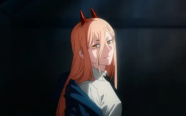 Power from Chainsaw Man, anime girl with long orange hair and small red horns, side-lit portrait in moody tones — 4K Ultra HD PC desktop wallpaper/background.