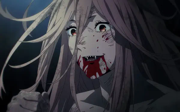 Close-up of Power from Chainsaw Man: blood-smeared, fang-bared anime girl with wild hair against a dark backdrop — 2K Quad HD PC desktop wallpaper/background.