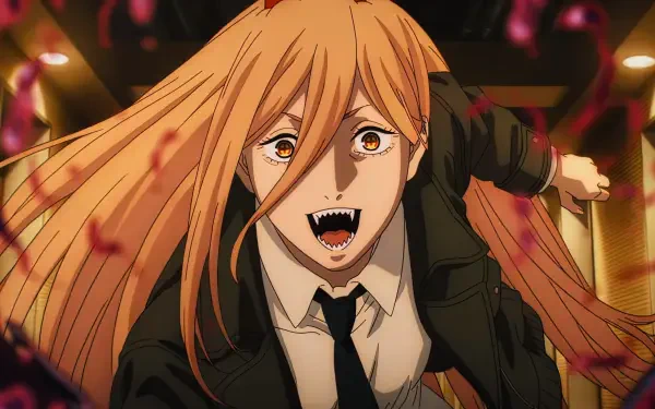 4K Ultra HD PC wallpaper of Power (Chainsaw Man): happy anime girl with long orange hair, sharp teeth and school uniform, energetic pose against a vibrant background.