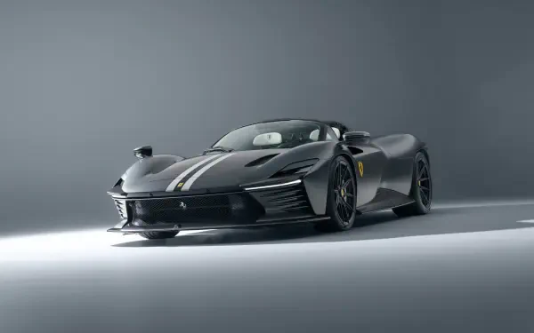 Black Ferrari Daytona SP3 in studio lighting, low-angle 8K Ultra HD PC desktop wallpaper highlighting a sleek profile, white racing stripe and glossy finish.