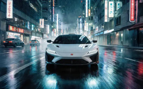 White Honda NSX front view in rain on a neon city street at night — 2K Quad HD PC desktop wallpaper/background.