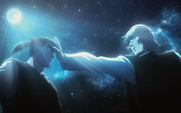 Anime 4K desktop wallpaper from Orb: On the Movements of the Earth — Bideni and Ochi at night, one placing a hand on the other's forehead beneath a glowing orb and starry sky.