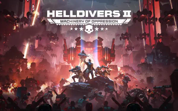 Helldivers 2 game art: epic battlefield of armored soldiers and towering war machines amid explosions — 4K Ultra HD PC desktop wallpaper and background.