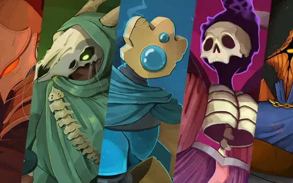 2K Quad HD PC wallpaper for the strategy indie game Slay the Spire 2 depicting stylized robed, skeletal and masked characters in vivid vertical panels.