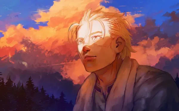 Vinland Saga Thorfinn anime portrait against a vivid sunset sky, warm light on his face, forest silhouette below — 2K Quad HD PC desktop wallpaper and background.