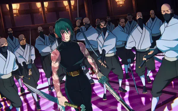 Maki Zenin from Jujutsu Kaisen Season 3, anime girl in battle wielding a katana among masked foes on a glowing purple floor — 5K Ultra HD PC desktop wallpaper.