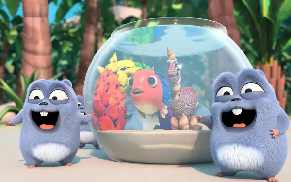 Grizzy and the Lemmings HD PC Desktop Wallpaper and Background: two grinning gray lemmings flank a fishbowl with a colorful fish and seashells on a sunny tropical beach.