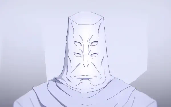 4K Ultra HD white anime wallpaper of Tengen from Jujutsu Kaisen 3rd Season — a stoic, masked figure with multiple eye-like markings against a pale, minimalist background.