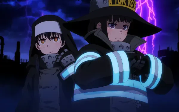 Anime 4K Ultra HD PC desktop wallpaper: Fire Force's Maki Oze and Tamaki Kotatsu in Tokyo fire uniforms, glowing reflective stripes, stormy night sky with purple lightning and industrial skyline.