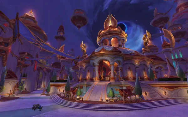 4K Ultra HD PC desktop wallpaper — World of Warcraft: Midnight palace, moonlit domed palace with floating towers and glowing arches in an MMORPG fantasy plaza.