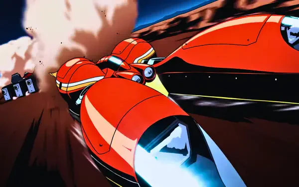 High-energy Redline anime wallpaper: Sonoshi Mclaren (Crab Sonoshi) in a sleek red racing craft, blazing through dust and speed lines as an HD PC desktop background.