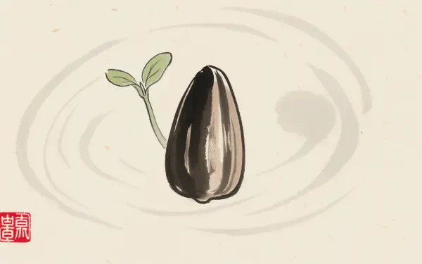 Minimal ink-style sunflower seed with a small green sprout on a beige canvas with circular brushstrokes — 4K Ultra HD PC desktop wallpaper.