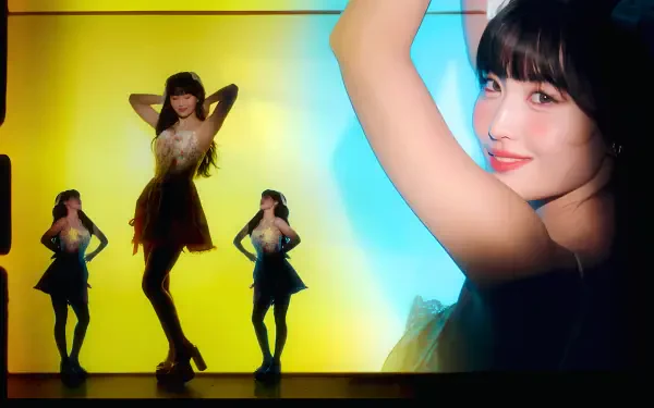 HD PC desktop wallpaper of a K-pop idol in a sparkly dress dancing on a colorful backlit stage, close-up portrait at right and three silhouetted dance poses at left.