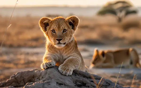 4K Ultra HD PC desktop wallpaper: a curious lion cub perched on a rock in golden savanna, with a blurred adult lion resting in the background.