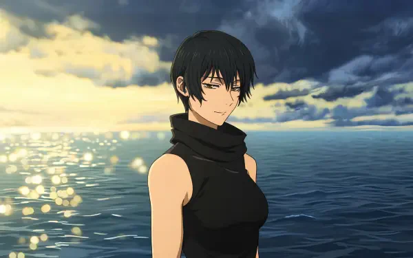 Mai Zenin from Jujutsu Kaisen 3rd Season stands before a cloud-streaked ocean at sunset — anime 5K Ultra HD PC desktop wallpaper and background.