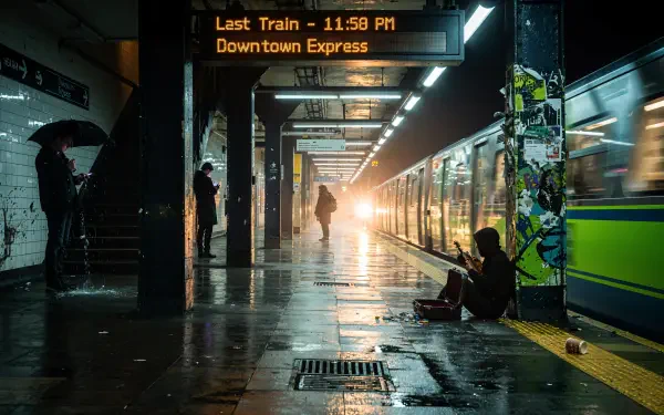4K Ultra HD PC desktop wallpaper and background — rainy subway platform at night: silhouetted commuters, a passing train, a Last Train sign, warm lights reflecting on wet tiles.