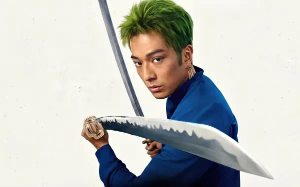 Roronoa Zoro (One Piece) 4K Ultra HD PC desktop wallpaper: green-haired swordsman in blue jacket holding a katana, poised against a minimalist pale background.