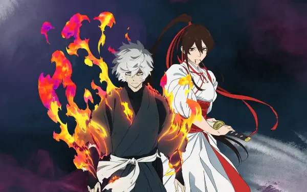 Hell's Paradise 4K Ultra HD PC desktop wallpaper: two anime warriors—one wreathed in flames, the other in white and red robes—stand against a dark, smoky sky.