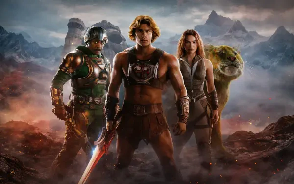 Masters of the Universe (2026) 4K Ultra HD PC desktop wallpaper/background: three armored heroes—central warrior with glowing sword—stand on a rocky plain beneath stormy mountain peaks.