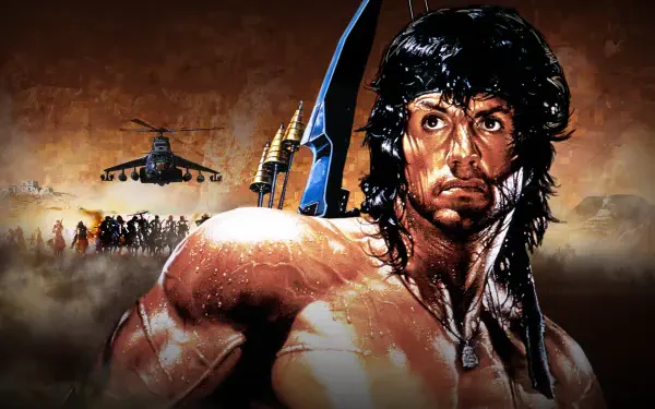 Rambo III 4K Ultra HD PC desktop wallpaper: muscular, bandana-clad warrior with bow in foreground, helicopter and troops silhouetted against a dusty orange desert sky.