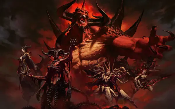 Diablo IV 5K Ultra HD PC desktop wallpaper: towering horned demon and armored champions amid hellfire and ash, dramatic red-black battle scene