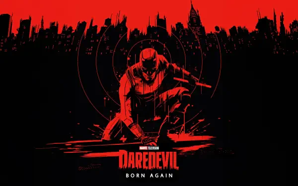 Daredevil: Born Again 5K Ultra HD PC desktop wallpaper — stark red-and-black skyline with crouching Daredevil, concentric radar rings and bold logo at the center.