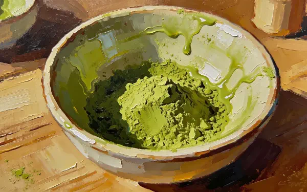 Painterly 4K Ultra HD PC desktop wallpaper background of a ceramic bowl filled with vibrant green matcha powder on a wooden table.